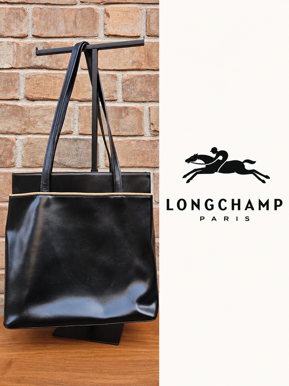 Vintage 2003 Longchamp Paris Black Leather Shoulder Tote Bag Tan Trim Y2K